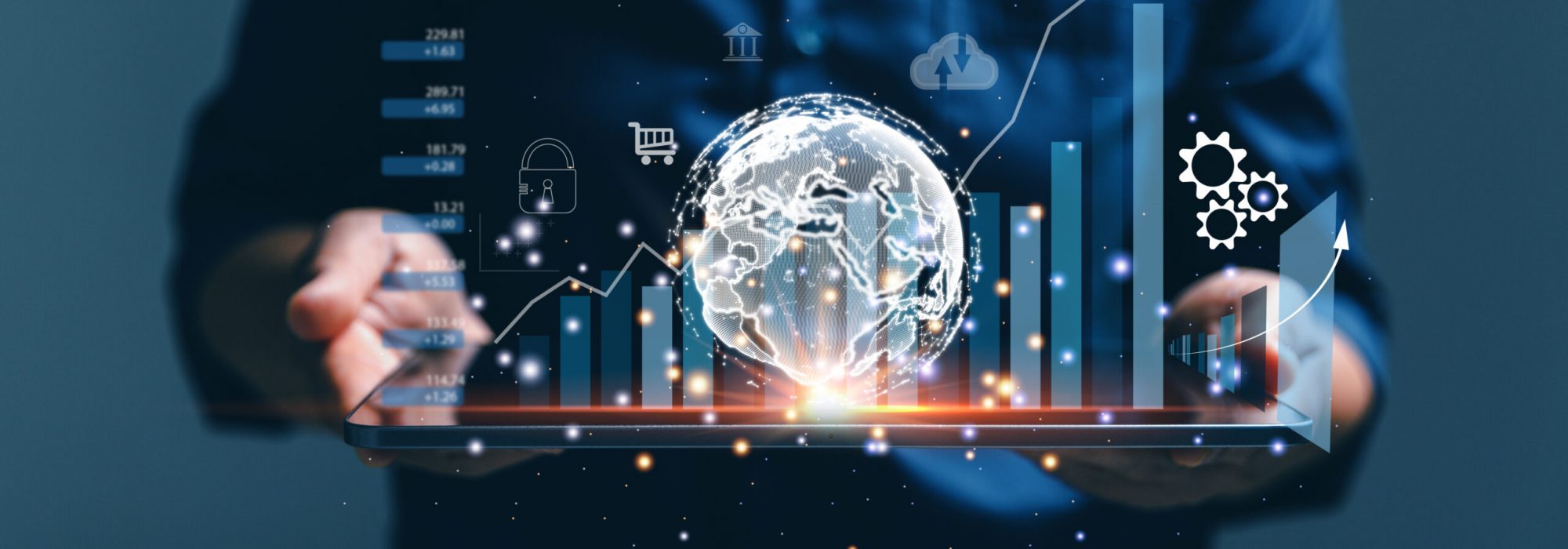 Big data analytics and business intelligence concept. Business person holding Global network connection. World map point and line composition of global business. Digital link tech. modern strategy.