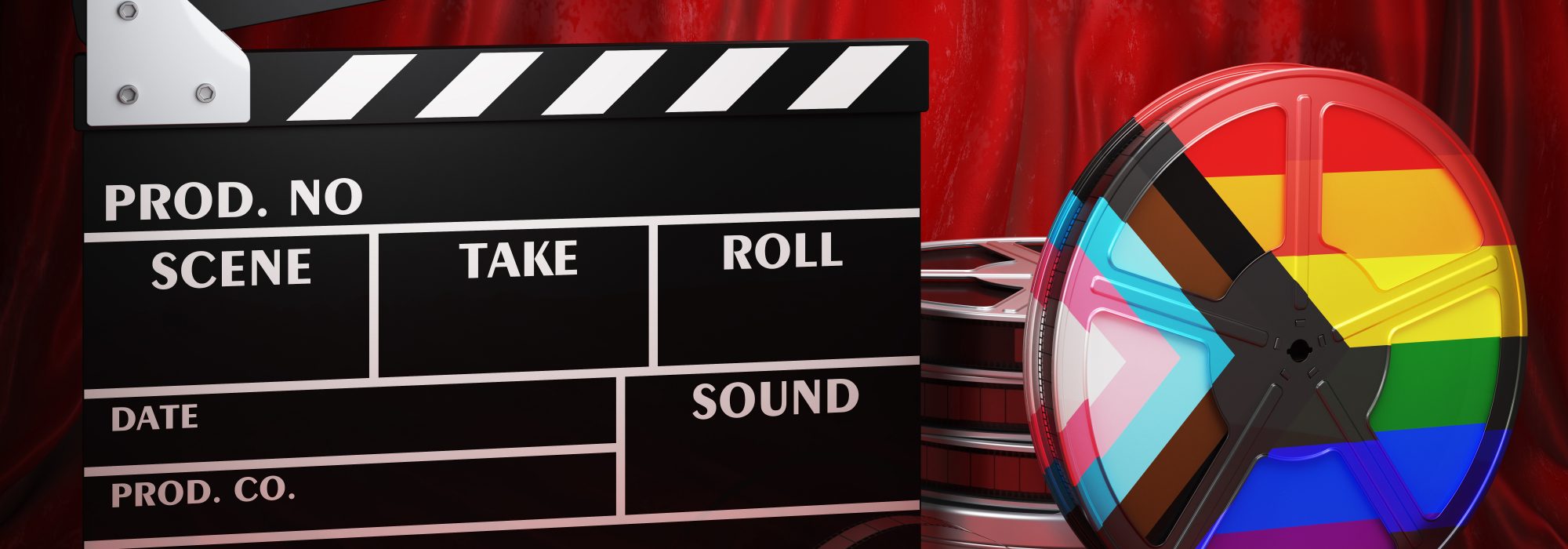 LGBTQ flag with clapperboard and film reels on the red fabric, 3D rendering